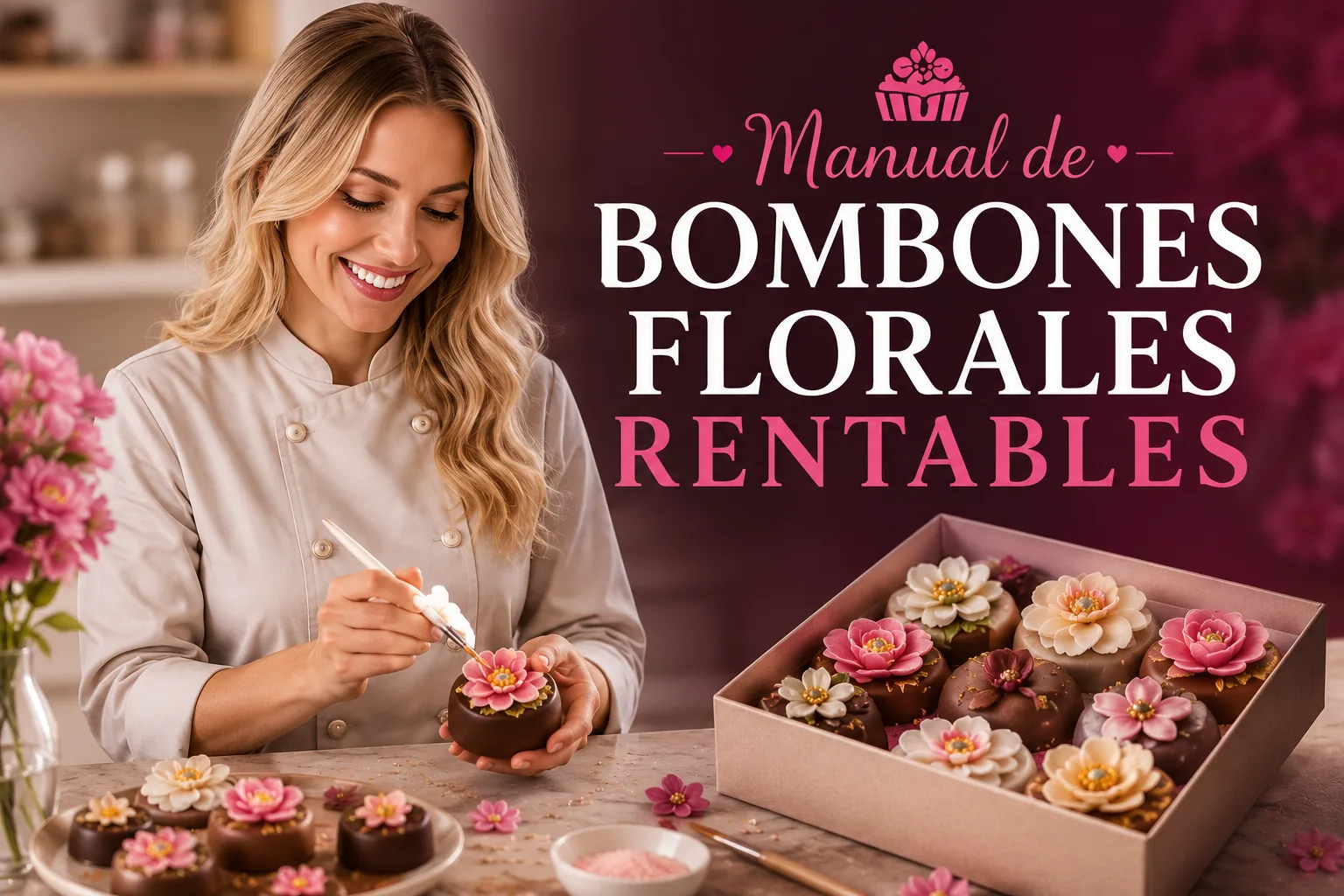 Manual de Bombones Florales Rentables — repostera decorando un bombón floral